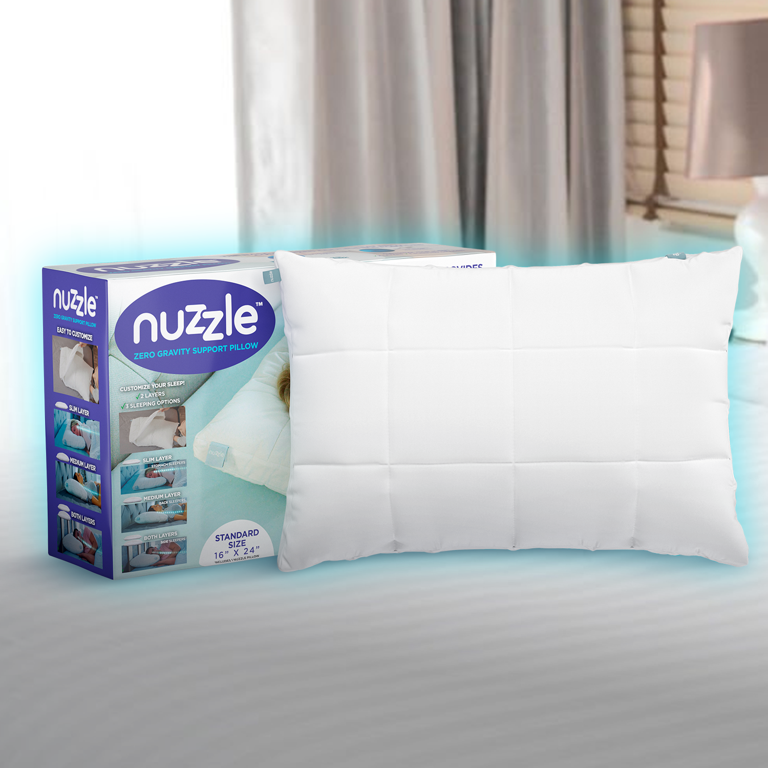 Nuzzle Cooling Adjustable Standard Size Pillow Set of 2 and Pillowcases